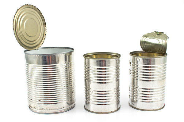 Three open empty tin can