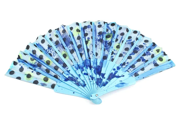 Blå prickiga hand fan isolerad på vit — Stockfoto