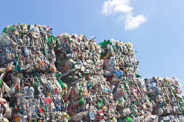 Stack of plastic bottles ready for recycling