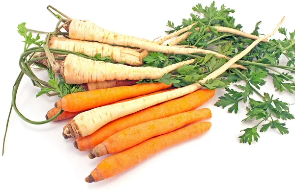 Frische Karotten und Petersilie mit Wurzel isoliert auf weiß — Stockfoto