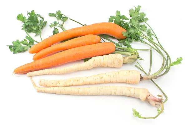 Carota fresca e prezzemolo con radice su bianco — Foto Stock