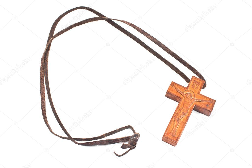 Wooden Christian cross necklace isolated on white
