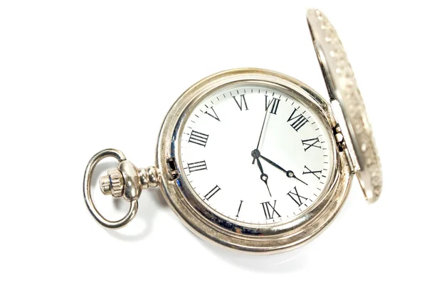 Reloj de bolsillo de plata aislado en blanco — Foto de Stock