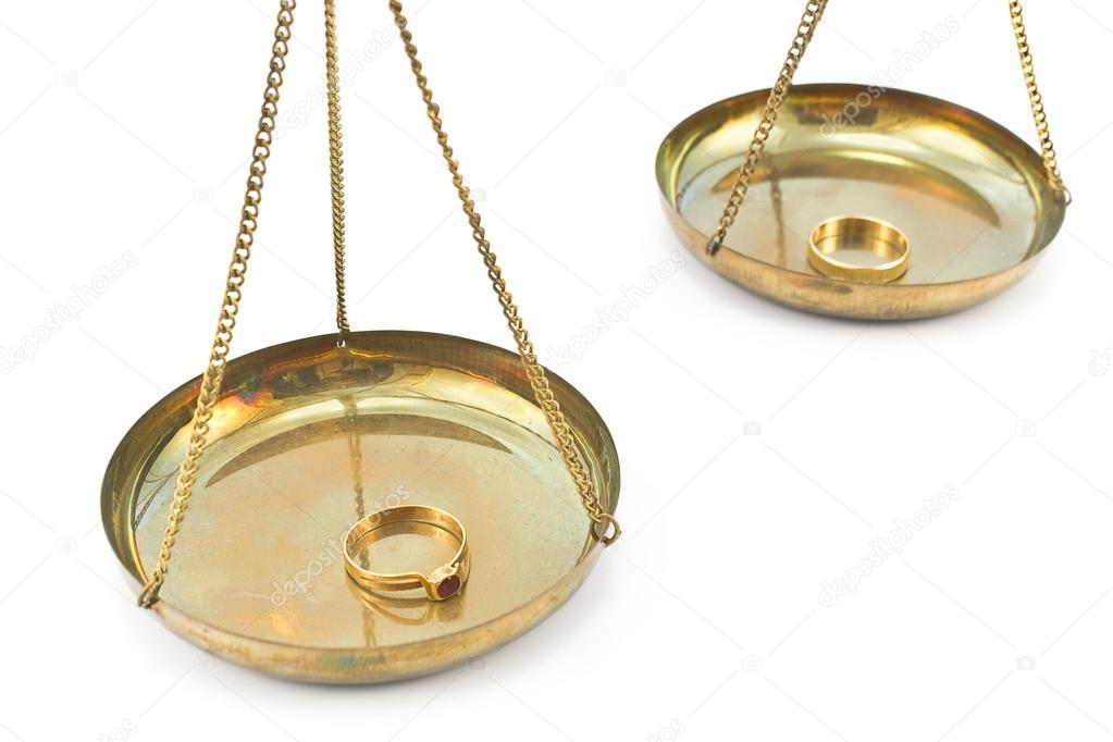Balance scales with golden wedding rings isolated on white