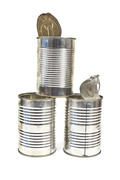 Three open empty tin can isolated on white — Stock Photo, Image