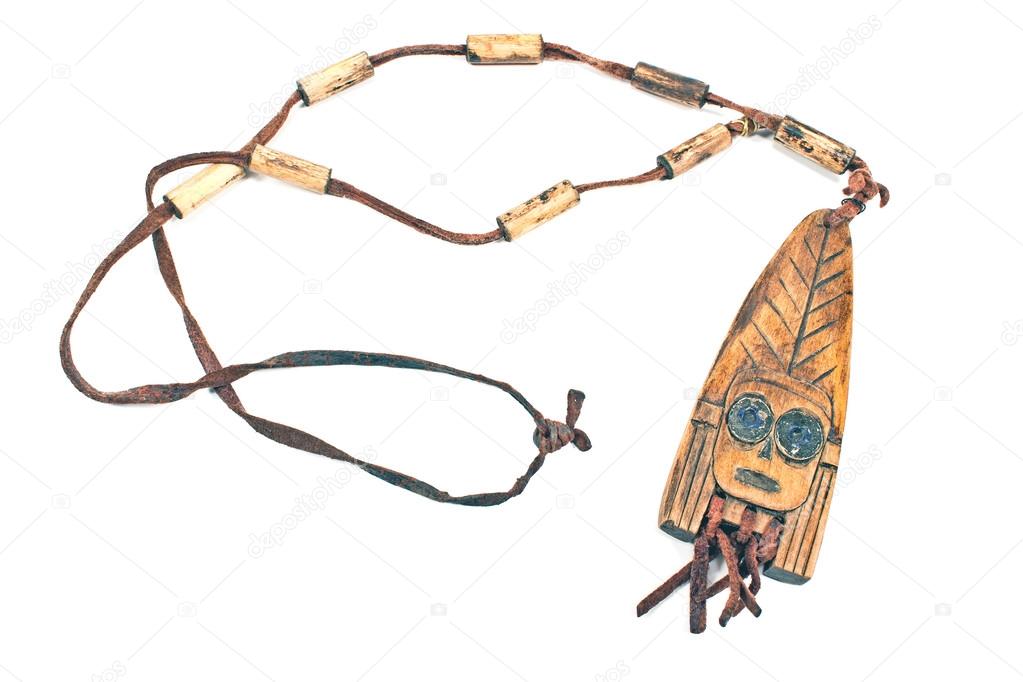 Wooden necklace with pendant of african woman isolated on white