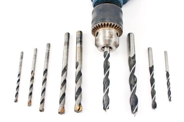 matkap ve ahşap bir dizi-beyaz izole matkap