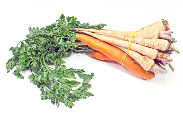 Fresh carrot and parsley with root on white — Stock Photo, Image