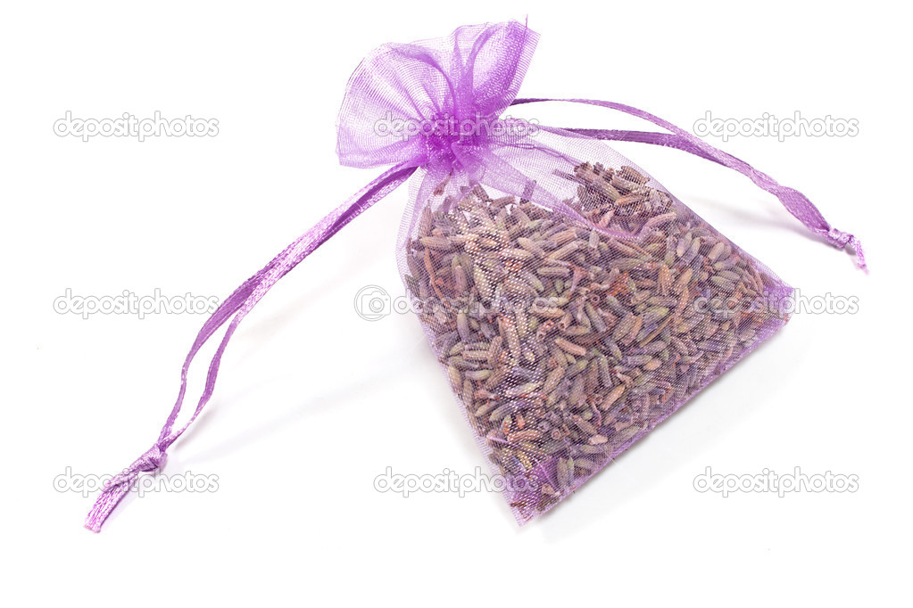 Sachet with dry lavender flowers isolated on white 