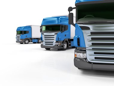 Heavy blue trucks presentation isolated on white background