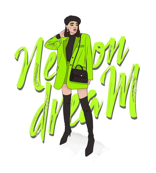 Estilo menina de rua verde néon. Moda de rua — Vetor de Stock