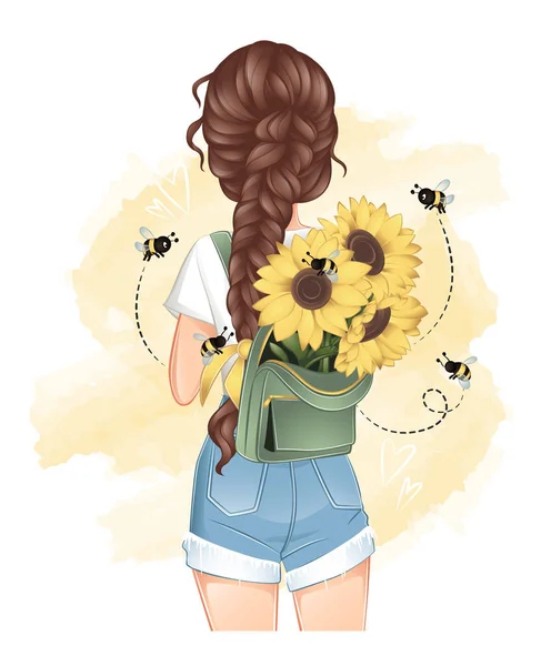 Summer girl with sunflowers in backpack with bees around — стоковый вектор