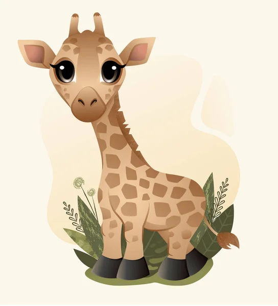 Mignon petit dessin animé girafe avec des éléments de végétation — Image vectorielle