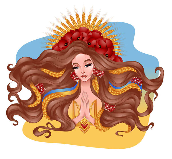 crying girl praying for Ukraine on Ukrainian flag background