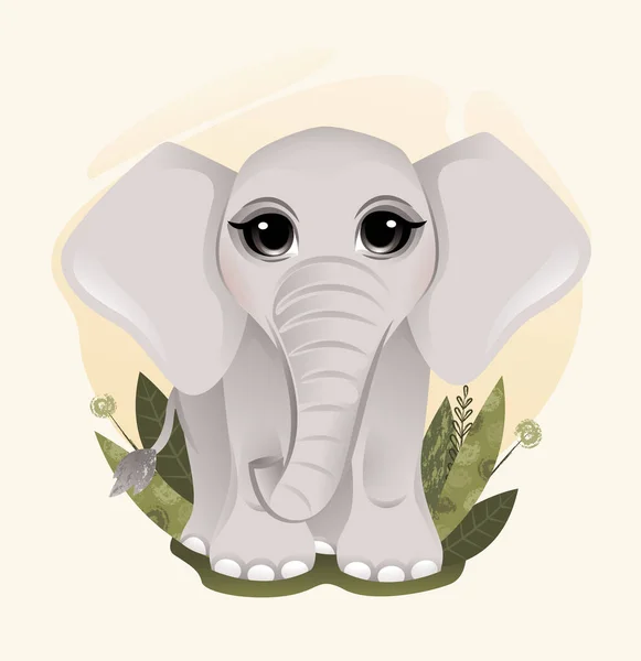 Cute Little Cartoon Elephant Vegetation Elements Vector Illustration — Stockvektor