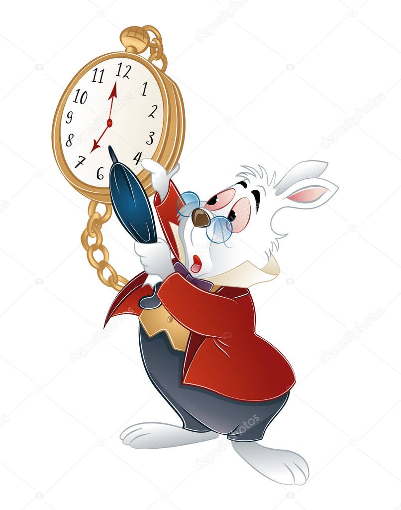 rabbit in a hurry running to wonderland pointing to time. Vector illustration