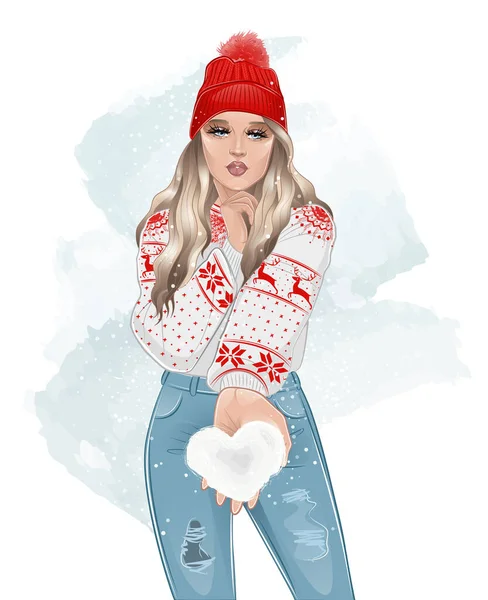 Kerst Meisje Met Sneeuwhart Haar Hand Vectorillustratie — Stockvector