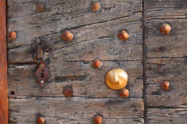 Paslı demir çivili eski ahşap kapı.