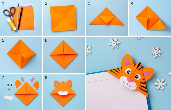 Step-by-step photo instruction on how to make a bookmark in the form of an orange tiger out of paper with your own hands. The symbol of the new year 2022. Simple crafts with children. Origami — Stock Photo, Image