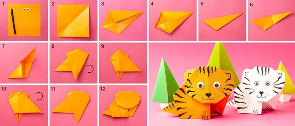 Step-by-step photo instruction on how to make a tiger figurine out of paper with your own hands. Simple crafts with children. Origami diy — Stock Photo, Image