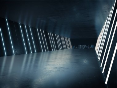 Boş oda, ürünlerin sergilendiği arka plan ışık saçan uzun koridor ve arka plan 3D görüntüleme.