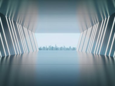 Boş oda, ürünlerin sergilendiği arka plan ışık saçan uzun koridor ve arka plan 3D görüntüleme.