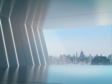 Boş oda, ürünlerin sergilendiği arka plan ışık saçan uzun koridor ve arka plan 3D görüntüleme.