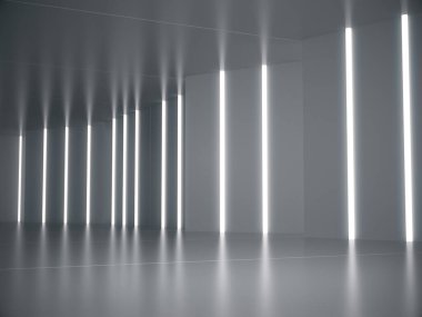 Soyut yapı, ürünlerin sergilendiği arka plan, uzun tünel, 3D ışıklı uzun koridor.