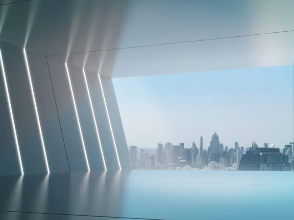 Boş oda, ürünlerin sergilendiği arka plan ışık saçan uzun koridor ve arka plan 3D görüntüleme.