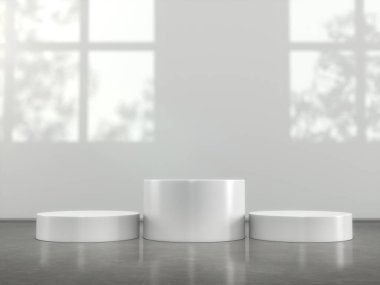 Ekran için beyaz kaidesi, tasarım platformu, boş odada boş ürün standı, duvarda 3D pencere ve ağaç gölgesi.