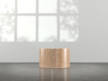 Ekran için ahşap kaide, tasarım platformu, boş odadaki boş ürün standı, duvarda üç boyutlu ağaç gölgesi..