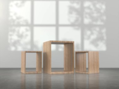 Ekran için ahşap kaide, tasarım platformu, boş odadaki boş ürün standı, duvarda üç boyutlu ağaç gölgesi..