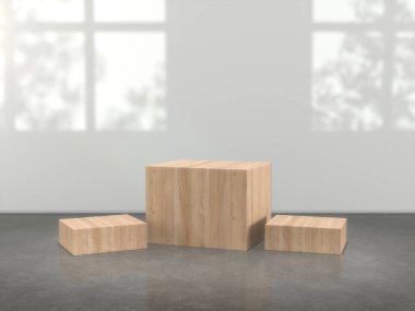 Ekran için ahşap kaide, tasarım platformu, boş odadaki boş ürün standı, duvarda üç boyutlu ağaç gölgesi..