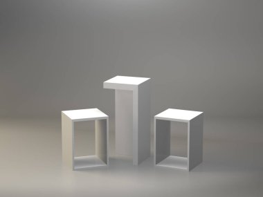 Ekran için beyaz kaide, tasarım platformu, boş ürün standı, temiz arkaplan 3D görüntüleme