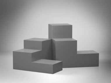 Ekran için gri kaide, tasarım platformu, boş ürün standı, temiz arkaplan 3D görüntüleme