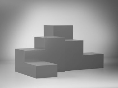 Ekran için gri kaide, tasarım platformu, boş ürün standı, temiz arkaplan 3D görüntüleme