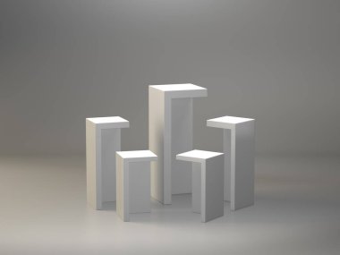 Ekran için beyaz kaide, tasarım platformu, boş ürün standı, temiz arkaplan 3D görüntüleme