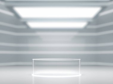 Görüntü için cam kaidesi, laboratuarın içi bulanık, fütürist arkaplan 3D işlemeli boş ürün standı.