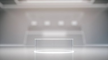 Görüntü için cam kaidesi, laboratuarın içi bulanık, fütürist arkaplan 3D işlemeli boş ürün standı.