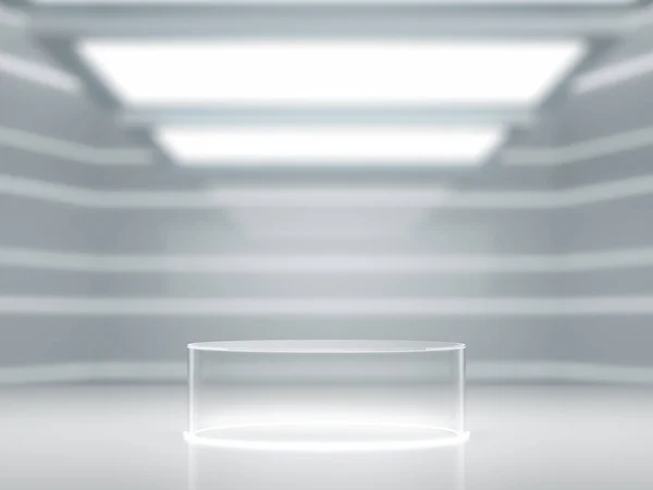 Görüntü için cam kaidesi, laboratuarın içi bulanık, fütürist arkaplan 3D işlemeli boş ürün standı.