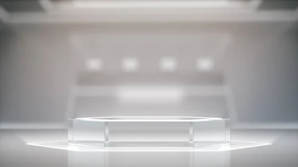 Glaspiedestal För Display Blank Produktställ Med Suddig Interiör Laboratorium Futuristisk — Stockfoto