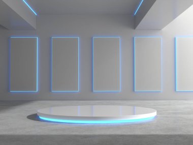 Ürün sergisi için ışık saçan beyaz kaide. 3d oluşturma.