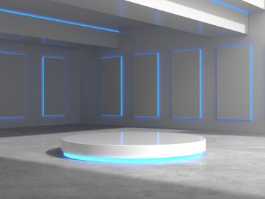 Ürün sergisi için ışık saçan beyaz kaide. 3d oluşturma.