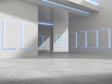 Ürün sergisi için beyaz odada boş bir yer, gelecekteki oda. 3d oluşturma.