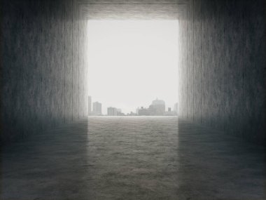 Ürünler için boş alan beton koridorda ve şehir manzaralı 3D görüntüleme.