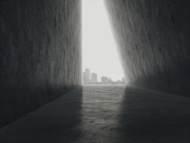 Ürünler için boş alan beton koridorda ve şehir manzaralı 3D görüntüleme.