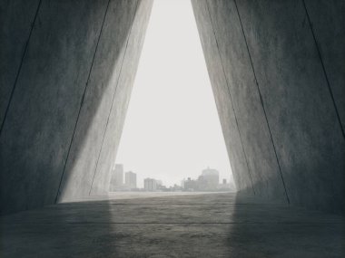 Ürünler için boş alan beton koridorda ve şehir manzaralı 3D görüntüleme.