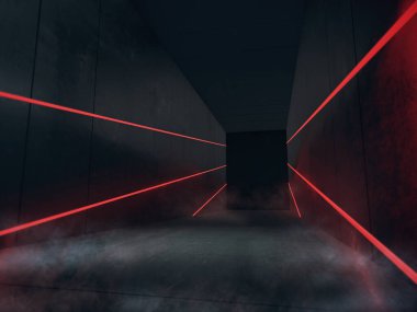 Karanlık odada neon ışıkları olan ürünler için boş alan. 3d oluşturma.