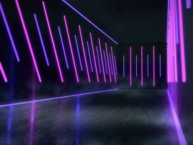 Karanlık odada neon ışıkları olan ürünler için boş alan. 3d oluşturma.