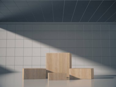 Ekran için ahşap kaide, tasarım platformu, boş beyaz oda 3D işlemeli boş ürün standı.